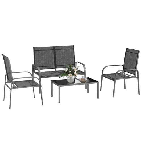 Outsunny Set Salotto da Giardino da 4 Pezzi, con Divanetto da Esterno a 2 Posti con Schienale Regolabile, 2 Sedie e Tavolo da Caffè in Vetro, Set di Mobili Impermeabile in Acciaio e Textilene, Nero