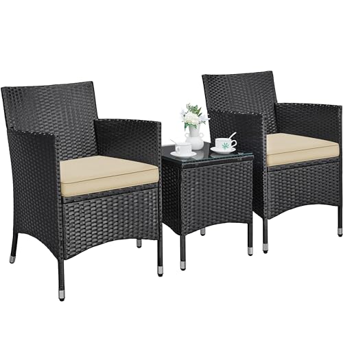 Yaheetech Set Mobili da Giardino 2 Poltrone e 1 Tavolino in Rattan PE Impermeabile per Esterno con Cuscini Nero/Khaki