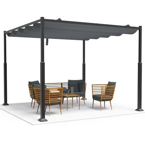 VOUNOT® Gazebo Pergola 3 x 3 m in Acciaio con Tetto a Scomparsa, Pergolato Giardino con Telo Impermeabile Richiudibile in Poliestere, Struttura Rettangolare, Tendone per Patio Terrazzo Esterno, Grigio