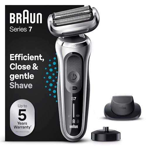 Braun Series 7, Regolabarba Uomo, Rasoio Elettrico Barba, Custodia da Viaggio, Accessori Inclusi, con Testa e Lame Flessibili, Base di Ricarica, Idea Regalo, 71-S4200cs Argento