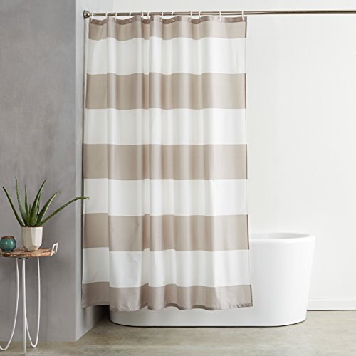 Amazon Basics Tenda da Doccia, in Tessuto Resistente all'Acqua e alla Muffa, con Occhielli e Ganci, Lavabile in Lavatrice, 183 x 183 cm, a Righe Beige