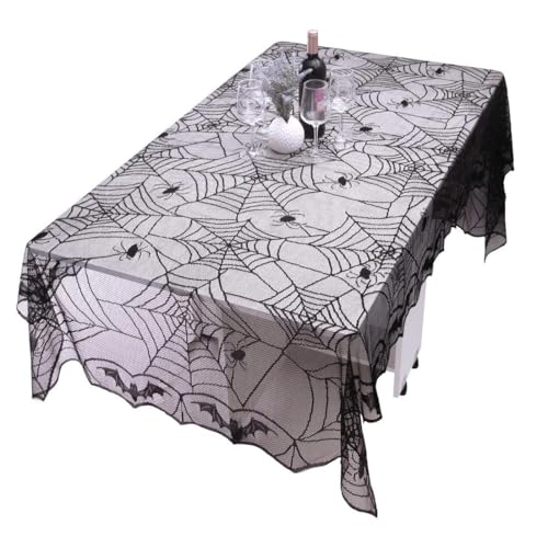 Tovaglia Halloween, tovaglia rettangolare nera con ragnatela, tovaglia Ragnatela Gotico Pizzo, Ragnatela Ragno Tovaglia Rettangolare, per Interni Esterni Decorazioni Feste Halloween, 122x244cm