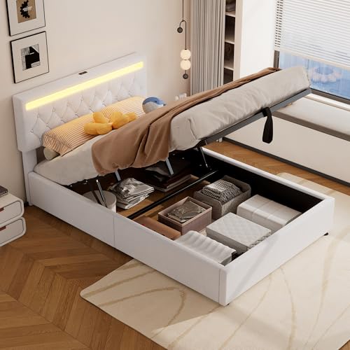 Contenitore Matrimoniale Con Presa USB & Tipo C, 140 x 200 cm, Luce d'Atmosfera, Idraulico, Una Piazza e Mezza Con Base a Doghe