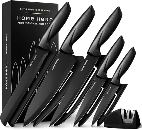 Home Hero Coltelli da Cucina - Acciaio Inox - Set Coltelli da Cucina Professionali - Coltelli da Tavola e Utensili Cucina (11 pezzi con Guaina - Nero)
