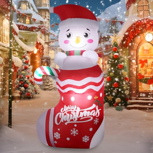 Decorazione natalizia gonfiabile da 185 cm: pupazzo di neve gonfiabile illuminato su calze di Natale con luci integrate - Decorazione natalizia gonfiabile per esterni per prato, cortile e giardino
