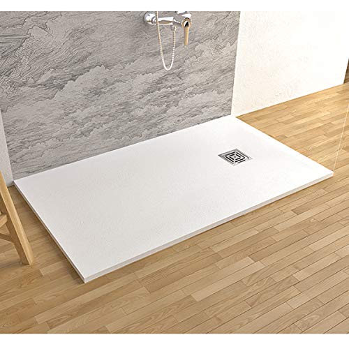 Piatto doccia in marmoresina con piletta di scarico effetto pietra (80 x 100, Bianco)