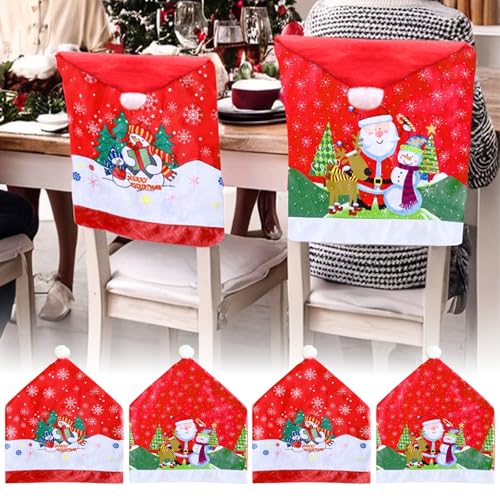 Snarflun Coprisedia Natalizi 4 Pezzi Coprisedie Cappello di Babbo Natale Rosso, Coprisedie Natalizie, Copri Sedie Natale, Addobbi Natale per Casa, Decorazione Natalizia Festa e Cene (60 × 50cm)