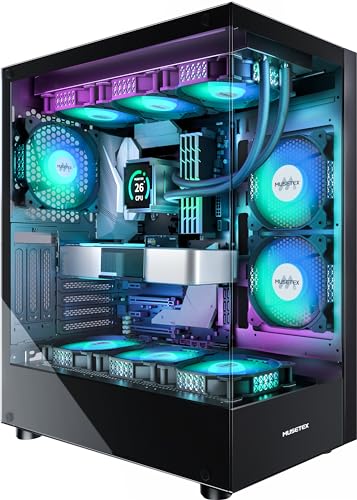 MUSETEX CASE PC ATX 6 ventole PWM ARGB preinstallate, case per computer Mid Tower Type-C con doppio vetro temperato a vista, case per PC da gioco, nero (K2)
