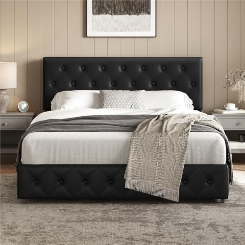 Yaheetech Struttura Letto Imbottito 160 x 200 cm Matrimoniale con Testiera Regolabile in Altezza 2 Cassetti Contenitore Supporti a Doghe in Legno Nero