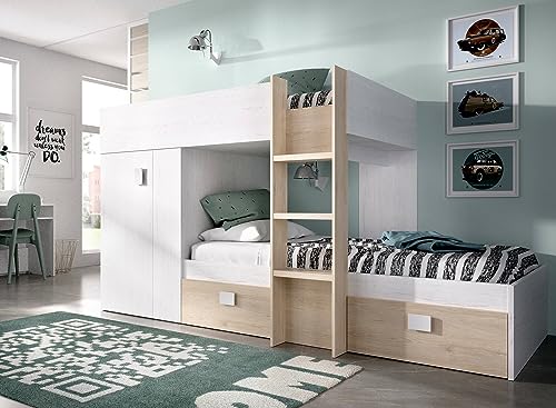 Dmora - Letto per bambini Cevedale, Cameretta completa con armadio e cassetti, Composizione letto a castello con due lettini singoli, 271x111h150 cm, Bianco e Rovere