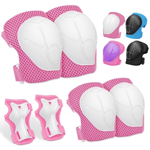 Ginocchiere per bambini, 6 in 1 per skateboard, pattini in linea, hoverboard, bicicletta (Rosa/Bianco)