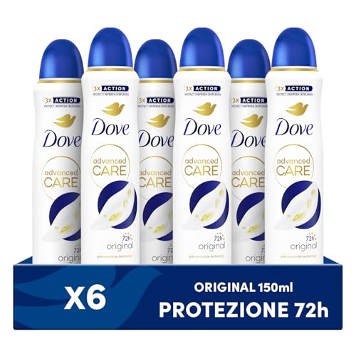Dove Deodorante Spray Advanced Care Original, con Formula Idratante e Delicata sulla Pelle, Senza Alcol, Pelle Asciutta Fino a 72 Ore, Deodorante Uomo e Donna, 6 Pezzi da 150ml