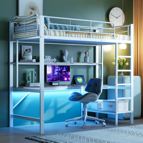 Zubaliya Letto a castello per bambini con scrivania e LED e USB 90 x 200 cm, letto a soppalco 1 posto per bambini con presa e rete, guardia corpo, scaletta, scaffale a più livelli, metallo