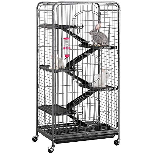 Yaheetech Gabbia per Coniglio Nano da Interno Esterno a 5 Ripiani Animali Domestici Grande in Metallo con 4 Rotelle Orientabili 64 x 43 x 131 cm Nera