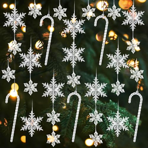 SinLaw 31 Pezzi Natale Decorazione Cristallo Decorazioni Albero di Natale,Fiocchi di Neve in Cristallo Acrilico Trasparente,Natalize Decorazioni Con Fili da Appendere,Natalizia Addobbi Trasparente