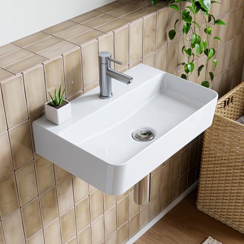 HOROW Lavabo a parete in ceramica, bianco, rettangolare, 46 x 30 cm, con foro per rubinetto senza troppopieno, lavabo a mano per piccoli ospiti