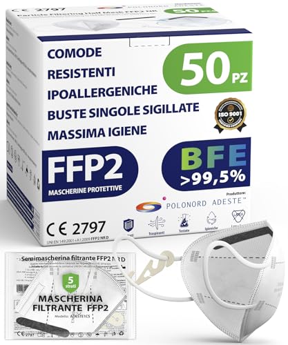ADESTE - 50 Mascherine FFP2 Bianche Certificate CE, Filiera controllata, anallergiche, con elastici comodi e resistenti. Sicura: capacità filtrante >99,5%, Buste singole sigillate