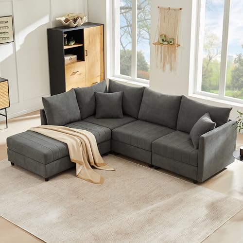 Rvjiahe Divano angolare moderno 5 posti con a righe verticali,divano componibile a U con poggiapiedi trasformabile,divano modulare a L,220x194x85cm,cotone e lino,per soggiorno/appartamento (Grigio)