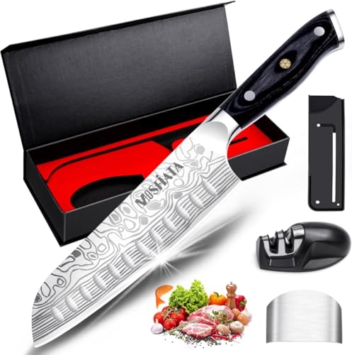 MOSFiATA Coltelli da Cucina Professionali, Coltello Santoku Coltello da Cucina Giapponese Coltello Chef in Acciaio Inossidabile con Affilacoltelli e Protezione per le Dita - 17,8CM