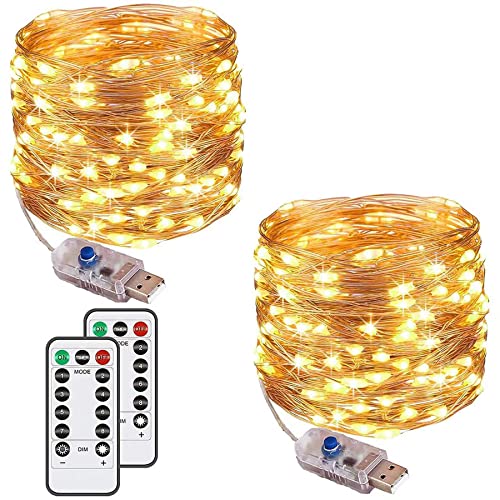 Set di 2 stringhe di luci da 120 LED, 12 m, 8 modalità, con presa USB, impermeabili, per esterni/interni, in rame, con timer remoto per camera da letto, feste, matrimoni, Natale (luce bianca calda)