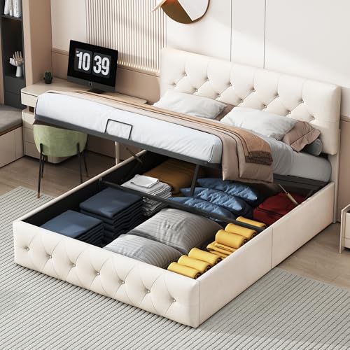 BRILVERDE Letto imbottito 160 x 200, letto matrimoniale con spazio e rete a doghe, letto idraulico, testiera regolabile, velluto, beige (160 x 200 cm)