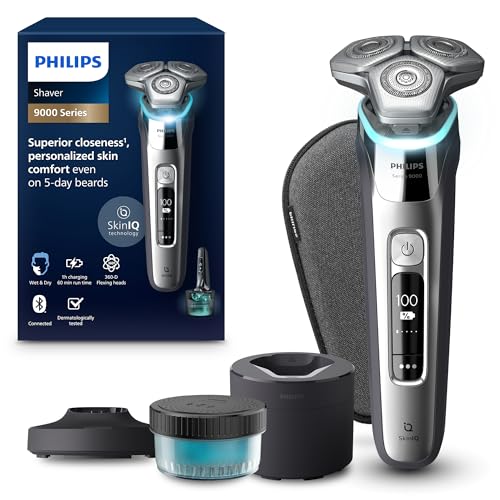 Philips Shaver S9000 - Rasoio elettrico Wet & Dry uomo, tecnologia Lift & Cut e SkinIQ, rifinitore a scomparsa, custodia per la pulizia, supporto di ricarica e custodia da viaggio (modello S9974/55)