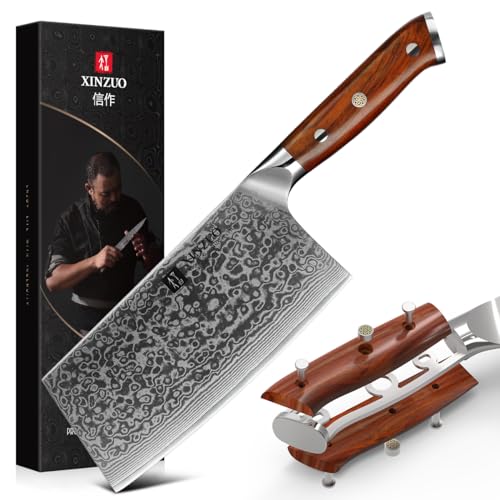 XINZUO Coltello Da Cuoco Cinese Acciaio Damasco, 18cm Coltello Mannaia, Professionale Affilata Mannaia per Carne e Verdure Coltello da Macellaio, Manico Rosewood Ergonomico -Yu Serie
