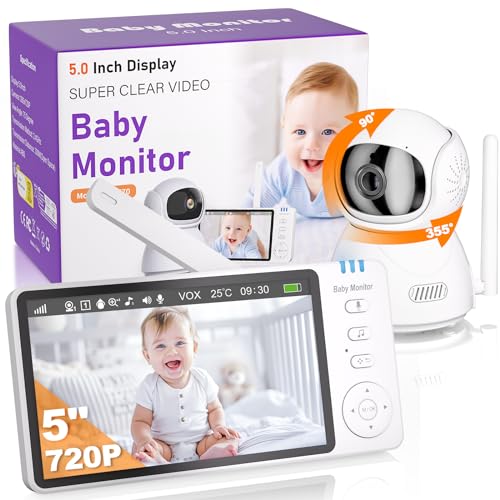OBVHNUA Baby Monitor Video e Audio, Babyphone con Fotocamera da 5 Pollici 720P HD 2 x 4 x Zoom Digitale, Due Vie, Audio VOX, Visione Notturna, Monitoraggio della Temperatura