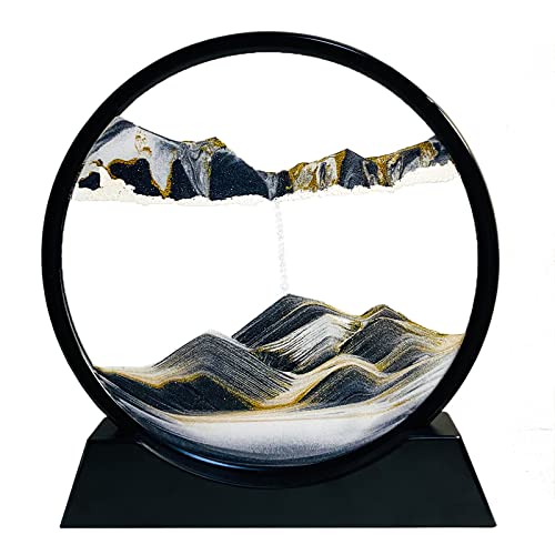 Pittura di Sabbia Che scorre Deco- Pittura di Vetro Rotonda a Clessidra 3D, Cornice di Flow Sabbia Immagine in Movimento, Paesaggio Dinamica Art Decorazione Regalo per Casa Ufficio（Nero, 7 Pollici）