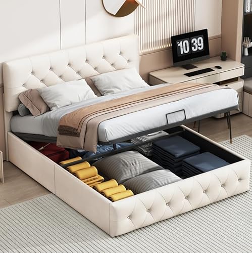 MOTUZP Letto matrimoniale imbottito 160 x 200 cm, letto matrimoniale a con vano portaoggetti, letto imbottito con testiera e rete a doghe, letto funzionale per ragazzi, senza materasso