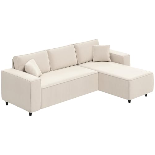 HOMCOM Divano Angolare 3 Posti, Divano ad Angolo Forma di L con Penisola Reversibile 241x153x83 cm, Divanetto 3 Posti in Velluto a Coste con Cuscini per Salotto e Soggiorno, Bianco Crema