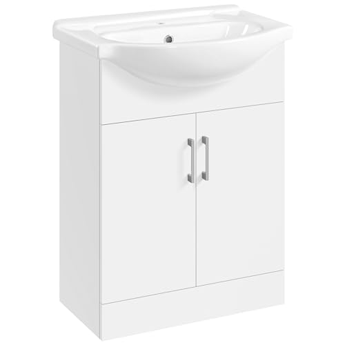 Yaheetech Mobile Bagno con Lavabo in Ceramica Armadietto a Terra con Lavandino Set Mobile da Bagno Moderno 61 × 43,5 × 84 cm Bianco
