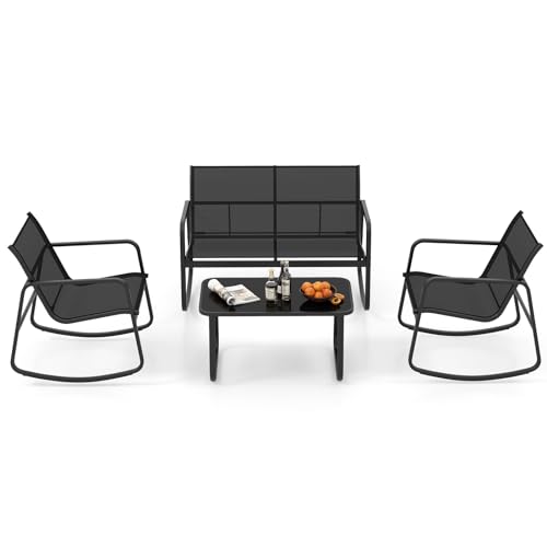 COSTWAY Set da Giardino 4 Pezzi in Tessuto Textilene, Set da Bistrò da Patio, Set tavolo e sedie con Tavolino in Vetro, 2 Sedie e Divanetto a Dondolo, per Giardino Coltile (Nero)