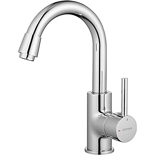 GRIFEMA Rubinetto Bagno Lavabo Girevole a 360°, Altezza Bocca 180 mm, a Risparmio Idrico, Con Attacco Per Acqua Calda E Fredda, Facile Installazione, Ottone, G1002