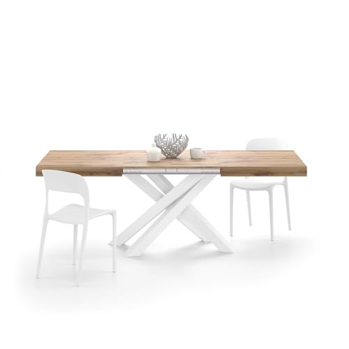 Mobili Fiver, Tavolo Allungabile Emma 140(220) x90 cm, Rovere Rustico con Gambe Incrociate Bianche, per 6-10 persone, Tavolo Cucina, Soggiorno, Made in Italy