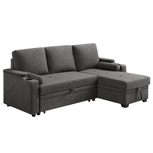 VASAGLE, Divano Letto con vano portaoggetti, tappezzeria, Rivestimento in Misto Cotone e Lino, portabicchiere, Moderno, Camera degli Ospiti, Grigio LCS801G01, Legno, 226 x 142 x 89 cm (L x B x H)