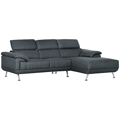 HOMCOM Divano Angolare 3 Posti con Poggiatesta Regolabili, Divano a L in Tessuto per Salotto e Soggiorno, 249.5x162.5x95cm, Grigio Scuro