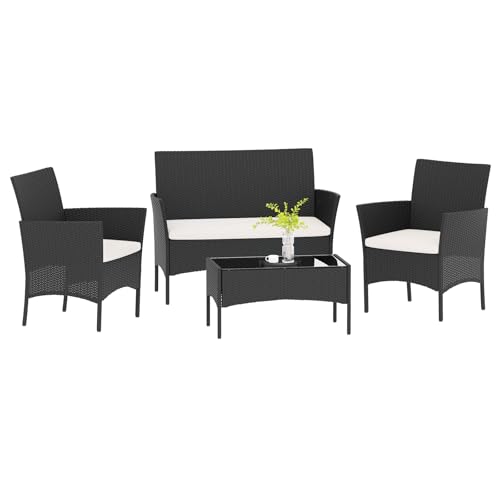 bigzzia Set di Mobili da Giardino, Salottino in Rattan 4 Sedili con Tavolo, 2 Poltrone e Divano 2 Posti, Nero