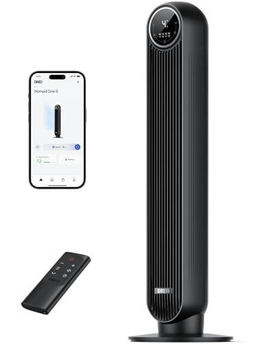 Dreo Ventilatore a Torre Smart Silenzioso, Potente 7.6 m/s, Ventilatori a Colonna con Telecomando, 4 Modalità, 4 Velocità, Oscillazione a 90°, Timer da 1 a 8 ore, Schermo LED, Compatibile con Alexa.