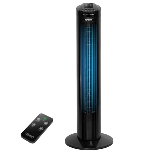 OZAVO Ventilatore a Torre con Telecomando, Display LED e Pulsanti Utenti: 3 Modalità e Velocità, Timer per Soggiorno e Ufficio 74cm di Altezza, Nero