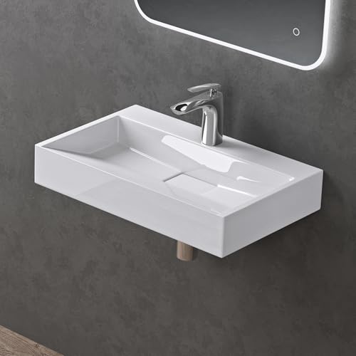 doporro Lavabo da Appoggio Lavabo Bagno Rettangolare Sospeso da 60cm Bianco Lucido, Lavandino Bagno da Minerale Fuso con Un Foro per Rubinetto 60x38x11 cm, Set di Scarico Incluso Colossum19