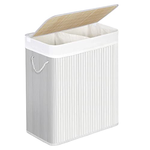 SONGMICS Cesto Portabiancheria, 100 L, Cesta Biancheria a 2 Scomparti in Bambù, Coperchio, Maniglie, Pieghevole, Sacco Rimovibile e Lavabile in Lavatrice, Lavanderia, Casa, Bagno, Bianco LCB64WT