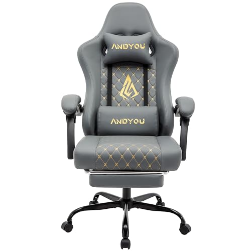 Andyou Sedia Gaming, Sedia da Ufficio Ergonomica, Sedie da Corsa Per PC, Pelle PU, Ampia Sedie Operativa Girevole Regolabile con Poggiapiedi, Carico 150 kg, Gray