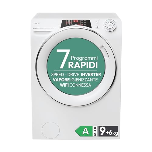 Candy Rapid&Oacute; Lavasciuga 9+6 Kg, Libera Installazione, Classe A, 1400 Giri, Connessione Wi-Fi + BLE, Controllo da App hOn, Partenza Ritardata, Opzione Vapore, 60 x 58 x 85 cm, Bianca - ROW4964DWMCT/1-S