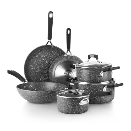 Set pentole e padelle KASANOVA New Petra Dark, antiaderente, induzione e forno fino a 180°C, con presina e cucchiaio (9, Pezzi)