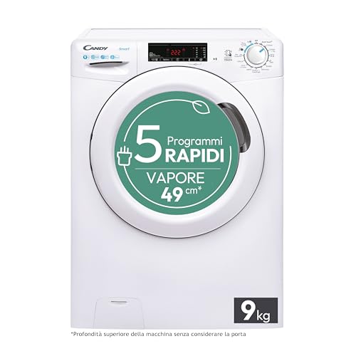Candy Smart Lavatrice 9kg, carica frontale Classe B, 1200 giri, 16 Programmi, Cicli Rapidi, Partenza Ritardata, Sensore Kilo detector, Connessa NFC, 60 x 52 x 85 cm, Bianco – CSS129TW4-11