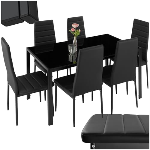 TecTake® Set di Mobili per Sala da Pranzo, 6 Sedie in Similpelle Resistente, Tavolo con Piano in Vetro, Design Moderno, Piedini SalvaPavimento, Ideale per Cucina e Soggiorno - Nero/Nero