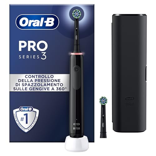 Oral-B Spazzolino Elettrico Ricaricabile Pro Series 3 Nero, 2 Testine di Ricambio, Custodia da Viaggio, 1 Spazzolino Elettrico Oral B, Controllo Della Pressione di Spazzolamento