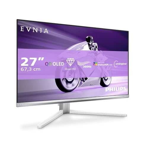 PHILIPS Evnia 27M2N8500AM - Monitor da gioco OLED QHD da 27 pollici, 360 Hz, 0,03 ms, HDR400, FreeSync. Prem., comp. G-Sync. (2560x1440, 2x HDMI 2.1, 1x DP 1.4, Hub USB) bianco
