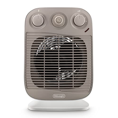 De'Longhi HFS50D22 Termoventilatore, TIMER 24H, 3 livelli di potenza, ventilazione estiva, protezione antigoccia, maniglia, dispositivo di sicurezza, luce, protezione antigelo, leggero, Bianco/Beige